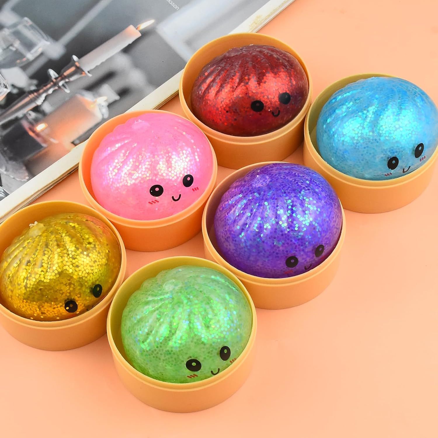 6 PCS Glitter Smiling face Colorful Dumpling Stress Balls Fidget Sensory Toy,Squeeze Dough Ball Stress Relief Hand Toy,Bun with Food Steamer Stretchy Desk Toys - Image 5