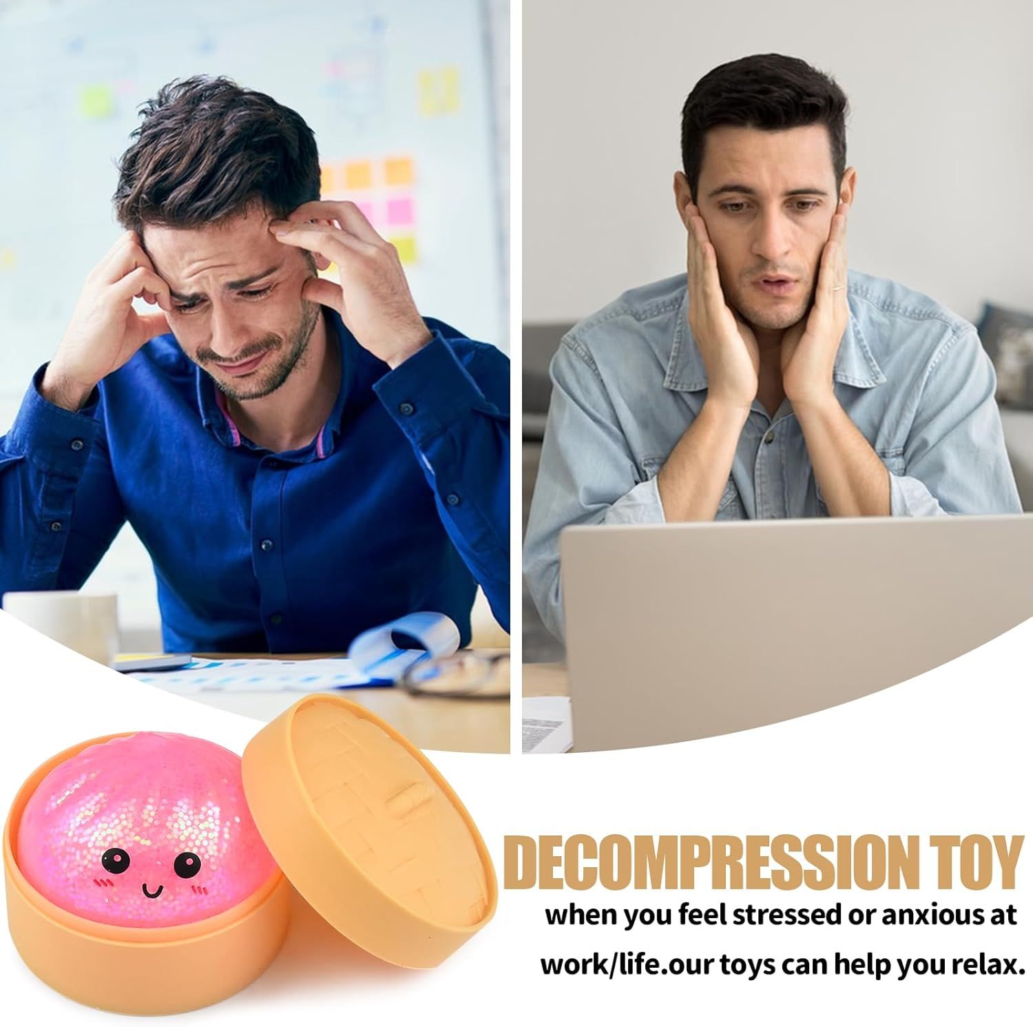 6 PCS Glitter Smiling face Colorful Dumpling Stress Balls Fidget Sensory Toy,Squeeze Dough Ball Stress Relief Hand Toy,Bun with Food Steamer Stretchy Desk Toys - Image 6