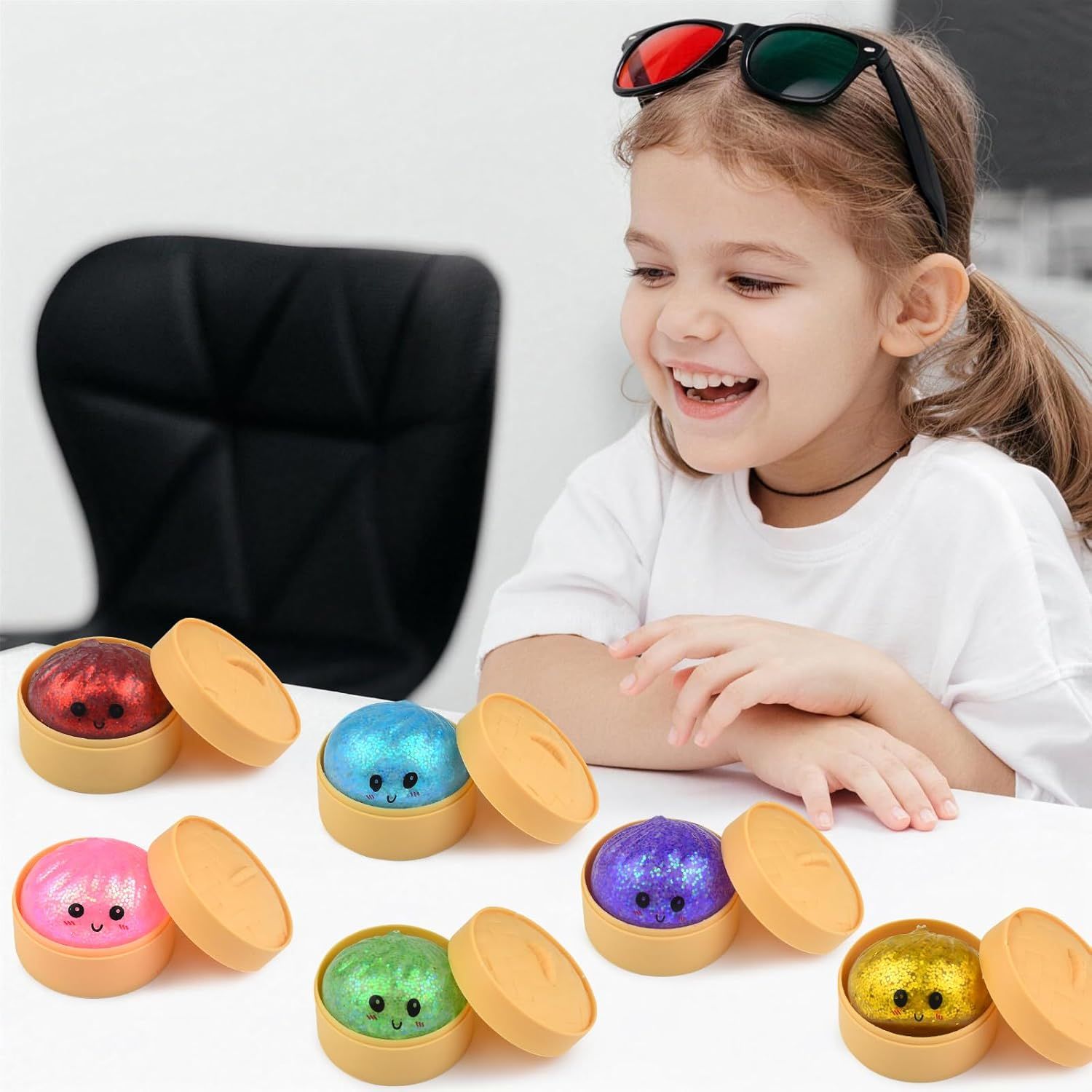 6 PCS Glitter Smiling face Colorful Dumpling Stress Balls Fidget Sensory Toy,Squeeze Dough Ball Stress Relief Hand Toy,Bun with Food Steamer Stretchy Desk Toys - Image 7