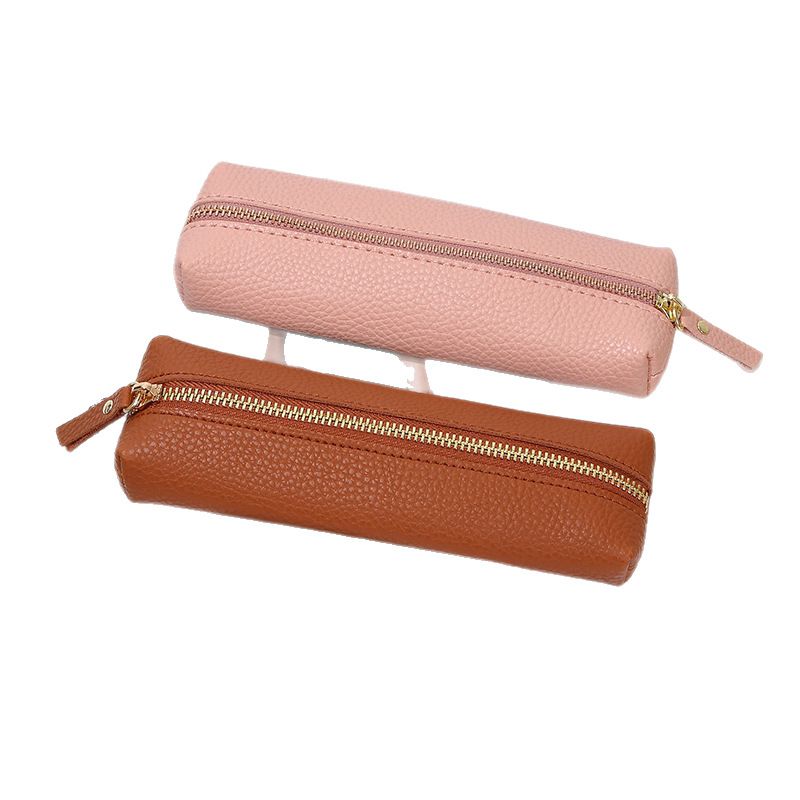 2-Pack Leather Pencil Case - Korean Style Zipper Stationery Bag for Students and Office - Large Capacity Pen Organizer Pouch - Pink + Dark Brown - Image 1