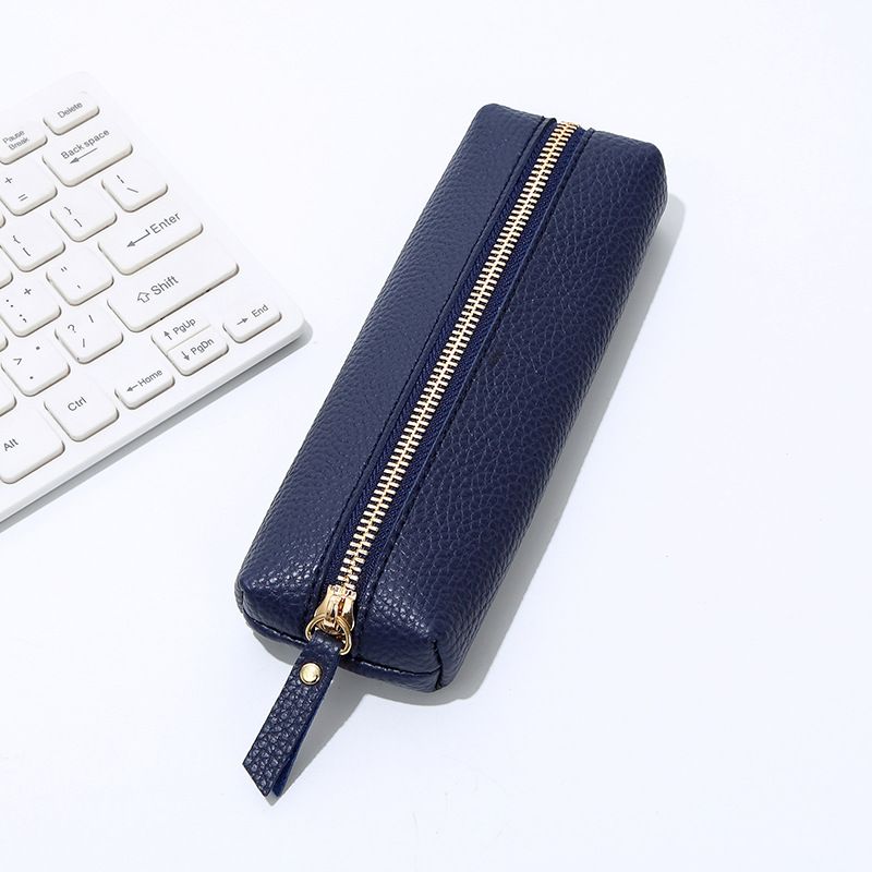 Leather Pencil Case - Korean Style Zipper Stationery Bag for Students and Office - Large Capacity Pen Organizer Pouch - Blue - Image 1