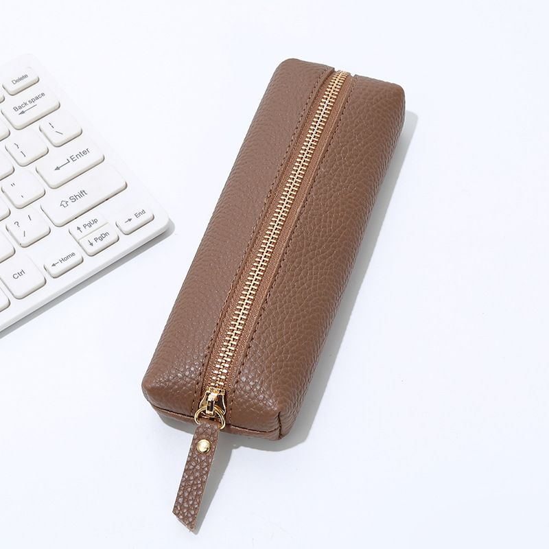 Leather Pencil Case - Korean Style Zipper Stationery Bag for Students and Office - Large Capacity Pen Organizer Pouch - Coffee Brown - Image 1