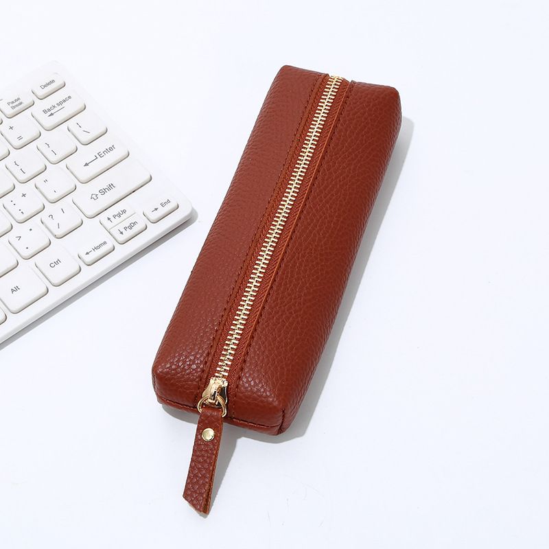 Leather Pencil Case - Korean Style Zipper Stationery Bag for Students and Office - Large Capacity Pen Organizer Pouch - Dark Brown - Image 1