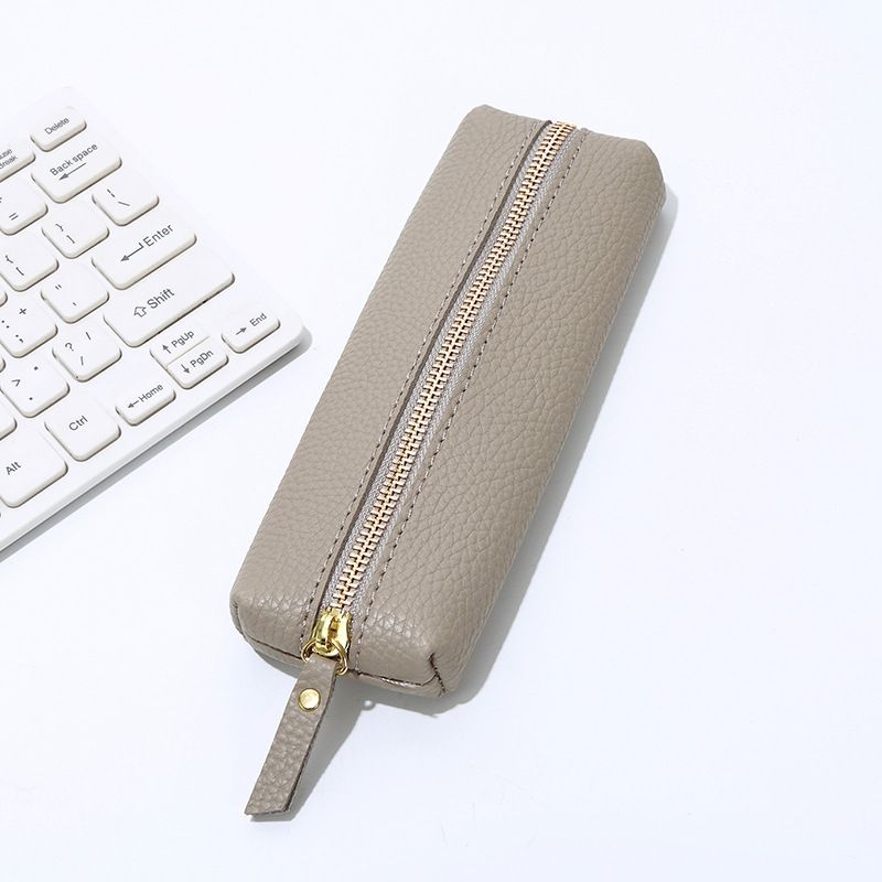 Leather Pencil Case - Korean Style Zipper Stationery Bag for Students and Office - Large Capacity Pen Organizer Pouch - Gray - Image 1