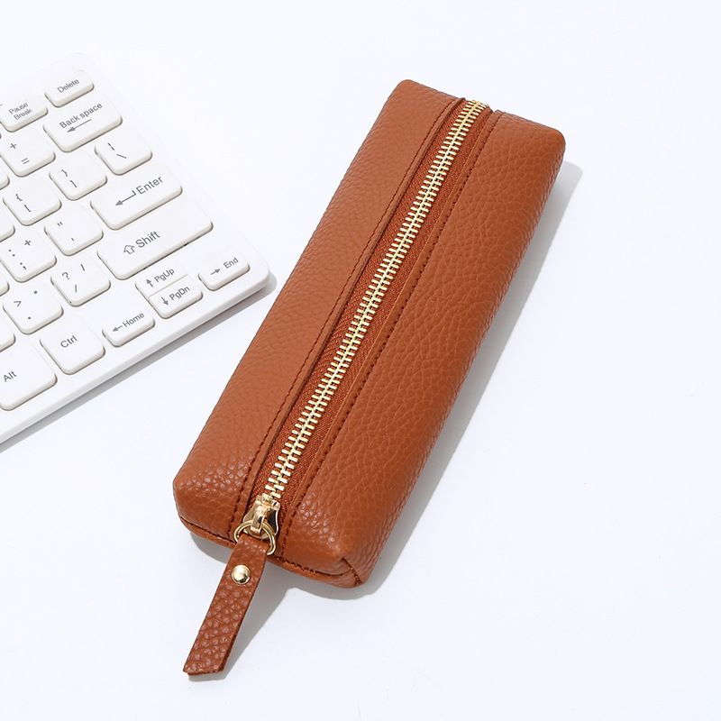 Leather Pencil Case - Korean Style Zipper Stationery Bag for Students and Office - Large Capacity Pen Organizer Pouch - Light Brown - Image 1