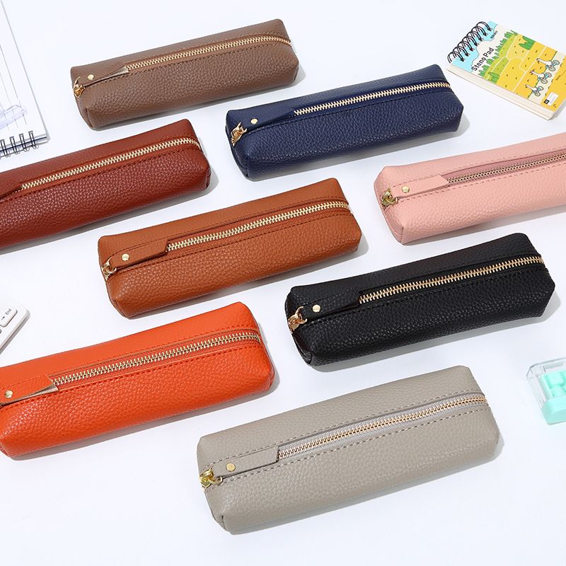 Leather Pencil Case - Korean Style Zipper Stationery Bag for Students and Office - Large Capacity Pen Organizer Pouch - Light Brown - Image 3
