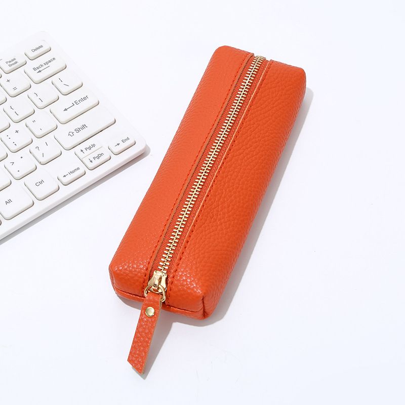 Leather Pencil Case - Korean Style Zipper Stationery Bag for Students and Office - Large Capacity Pen Organizer Pouch - Orange - Image 1