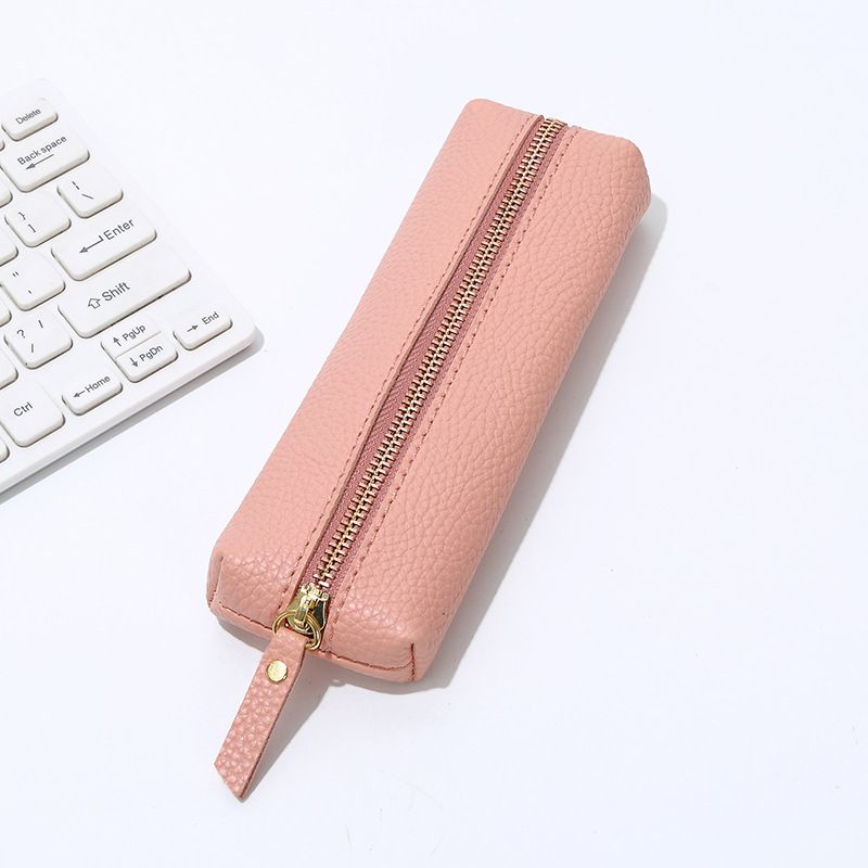 Leather Pencil Case - Korean Style Zipper Stationery Bag for Students and Office - Large Capacity Pen Organizer Pouch - Pink - Image 1