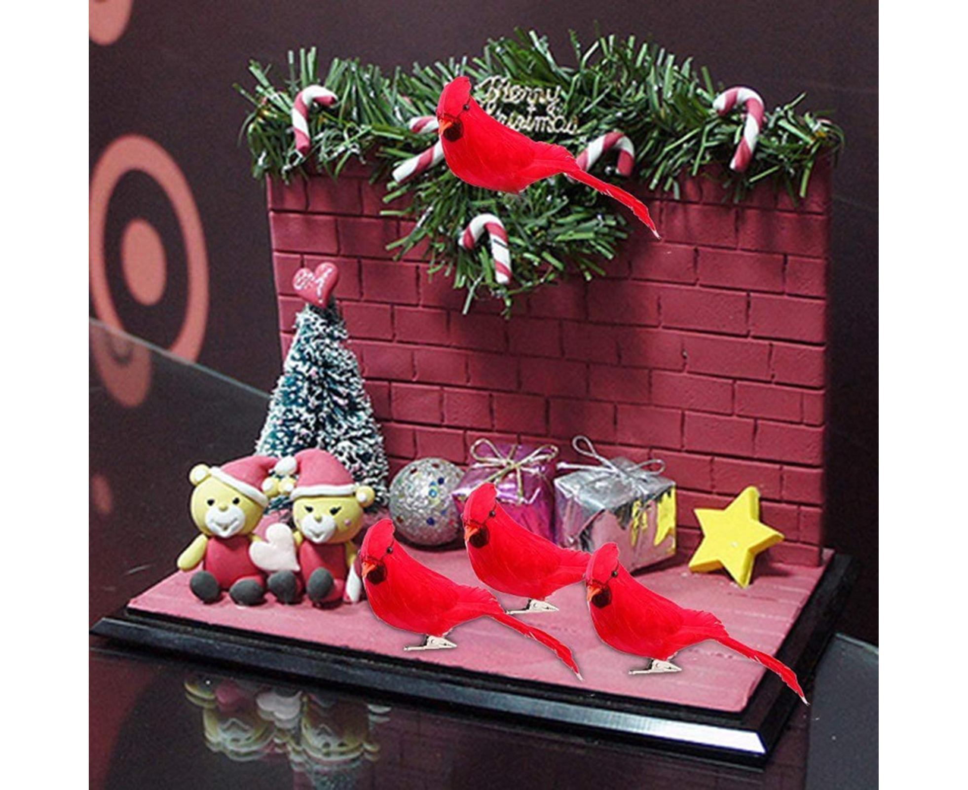 6/12Pcs Christmas Bird Clip Red Feather Artificial Birds-Red 1 - Image 4