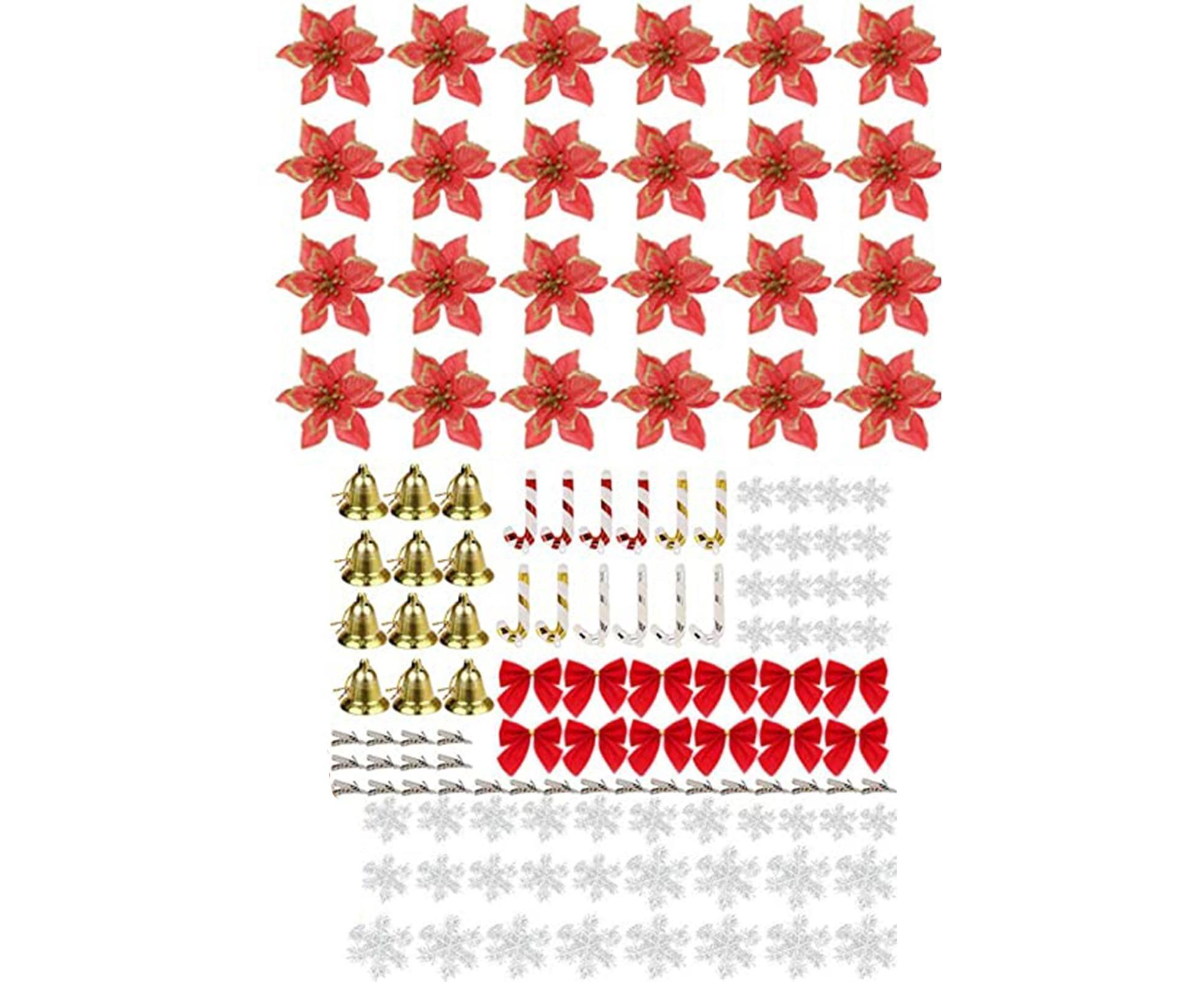 120Pcs Christmas Artificial Flower Bowknot Canes Bells-Red - Image 1
