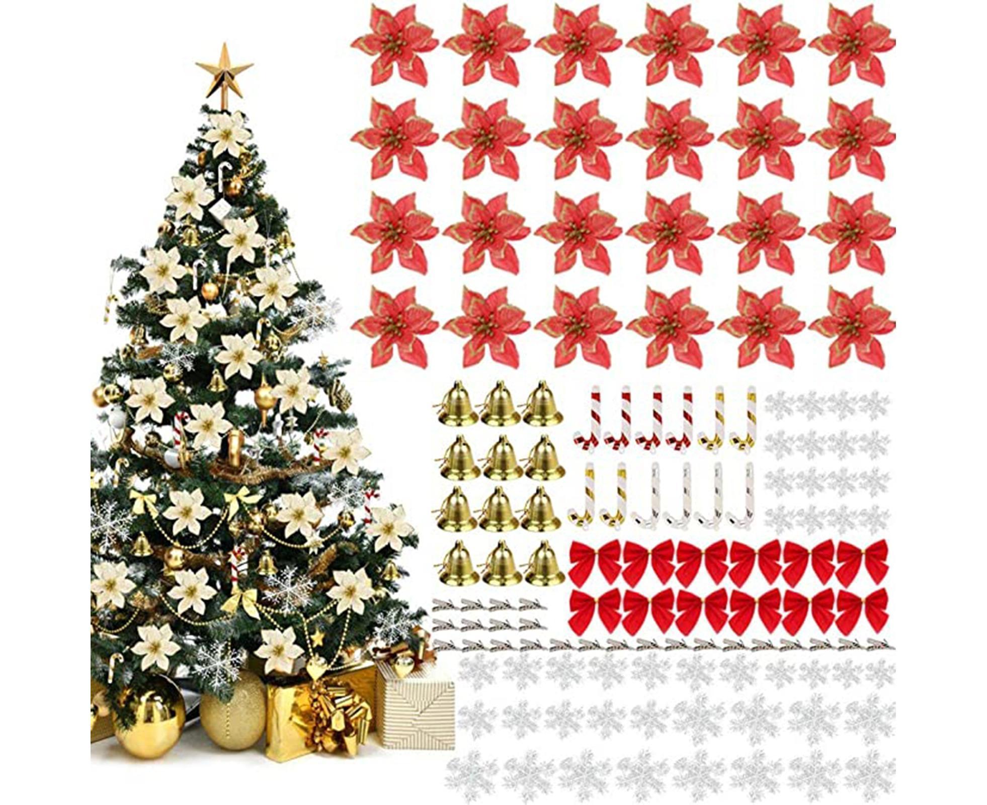 120Pcs Christmas Artificial Flower Bowknot Canes Bells-Red - Image 2
