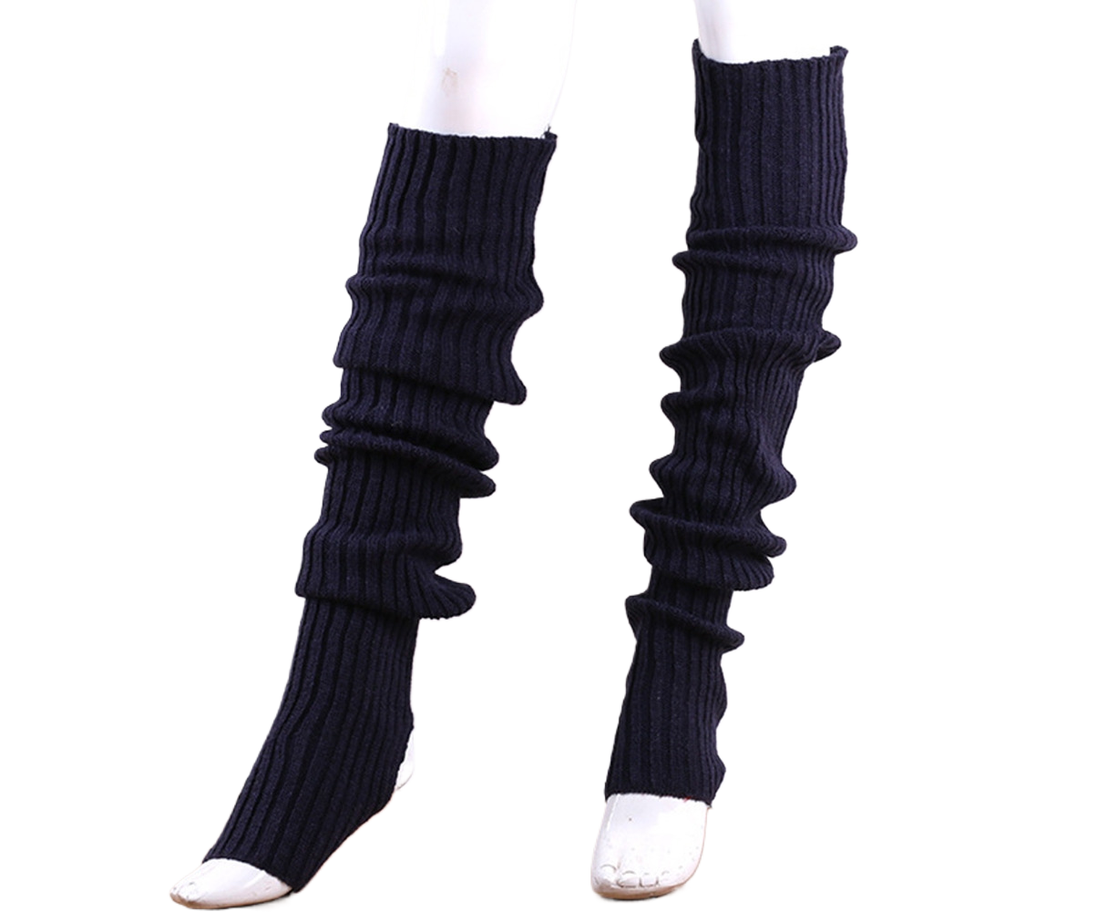 Women Elastic Solid Color Warm Thigh High Long Socks - Navy Blue - Image 1
