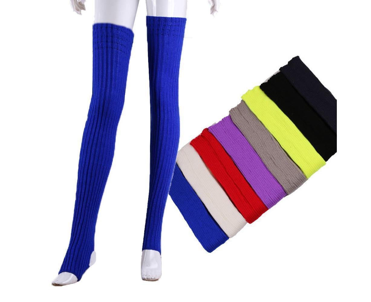 Women Elastic Solid Color Warm Thigh High Long Socks - Navy Blue - Image 3