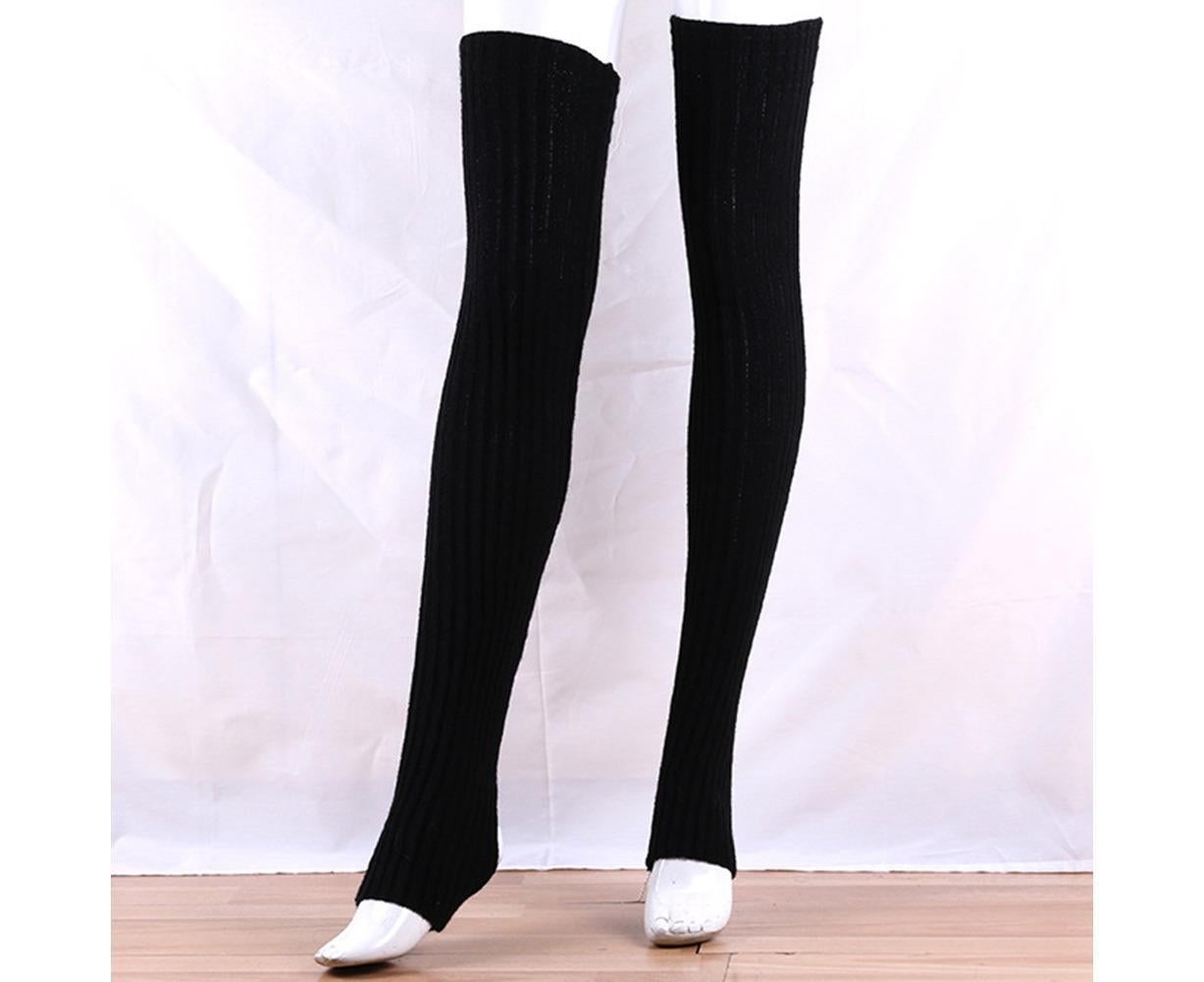 Women Elastic Solid Color Warm Thigh High Long Socks - Navy Blue - Image 6