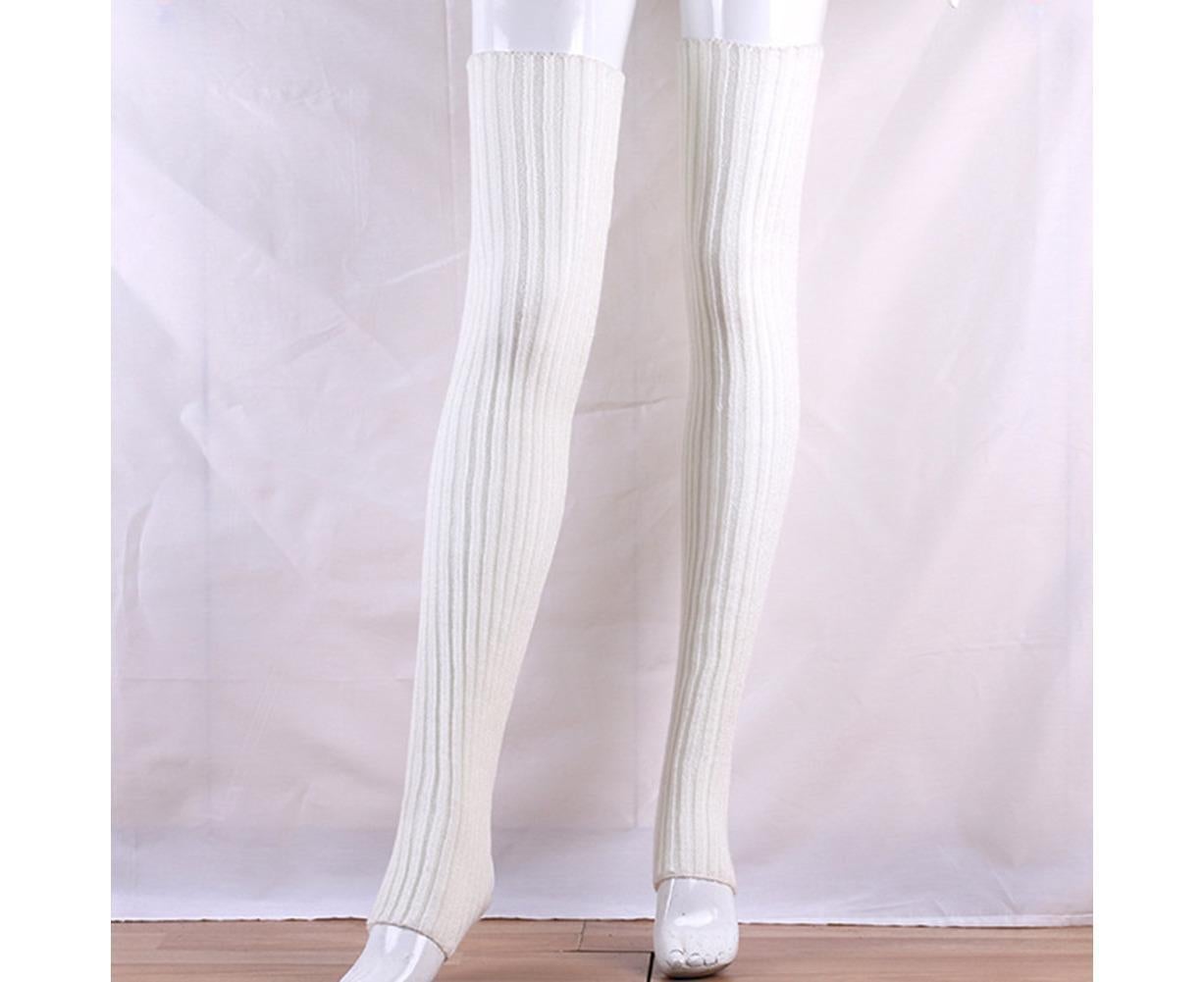 Women Elastic Solid Color Warm Thigh High Long Socks - Navy Blue - Image 8