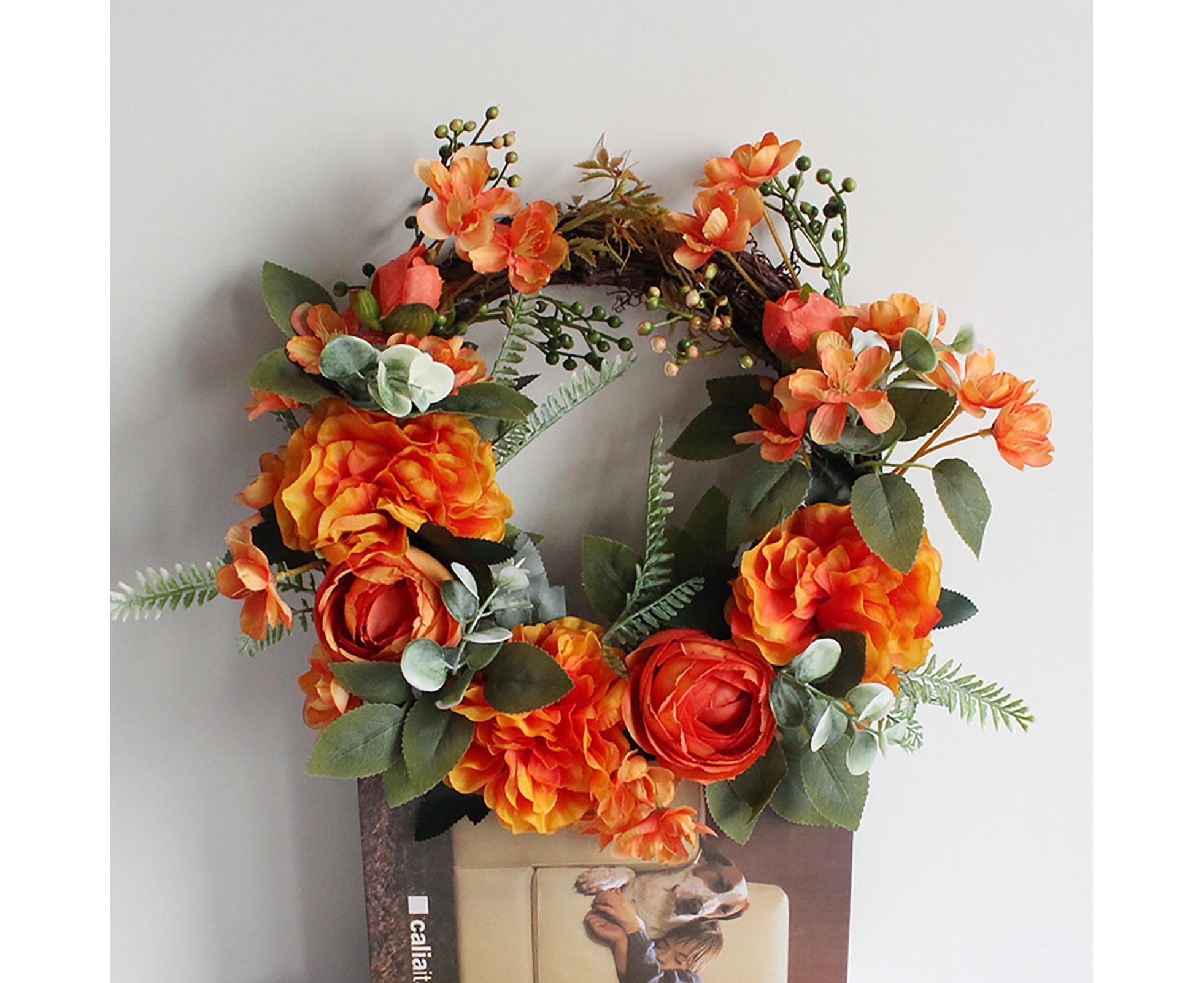 Hanging Wreath Exquisite Anti-deform Plastic Imitation Peony Flower Garland Pendant for Wedding-Dark Orange - Image 2