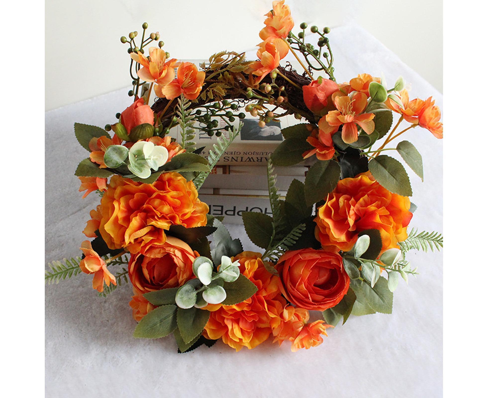Hanging Wreath Exquisite Anti-deform Plastic Imitation Peony Flower Garland Pendant for Wedding-Dark Orange - Image 3