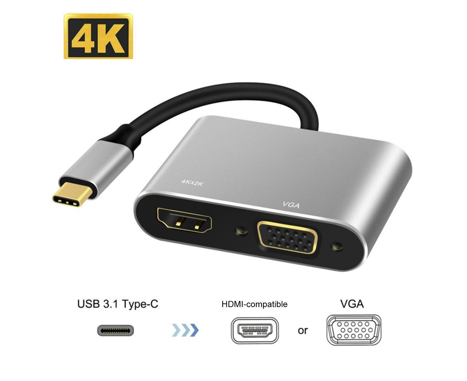 2 in 1 4K Ultra High Clarity USB 3.1 Type-C to HDMI-compatible VGA Converter Adapter for MacBook PC Silver - Image 2