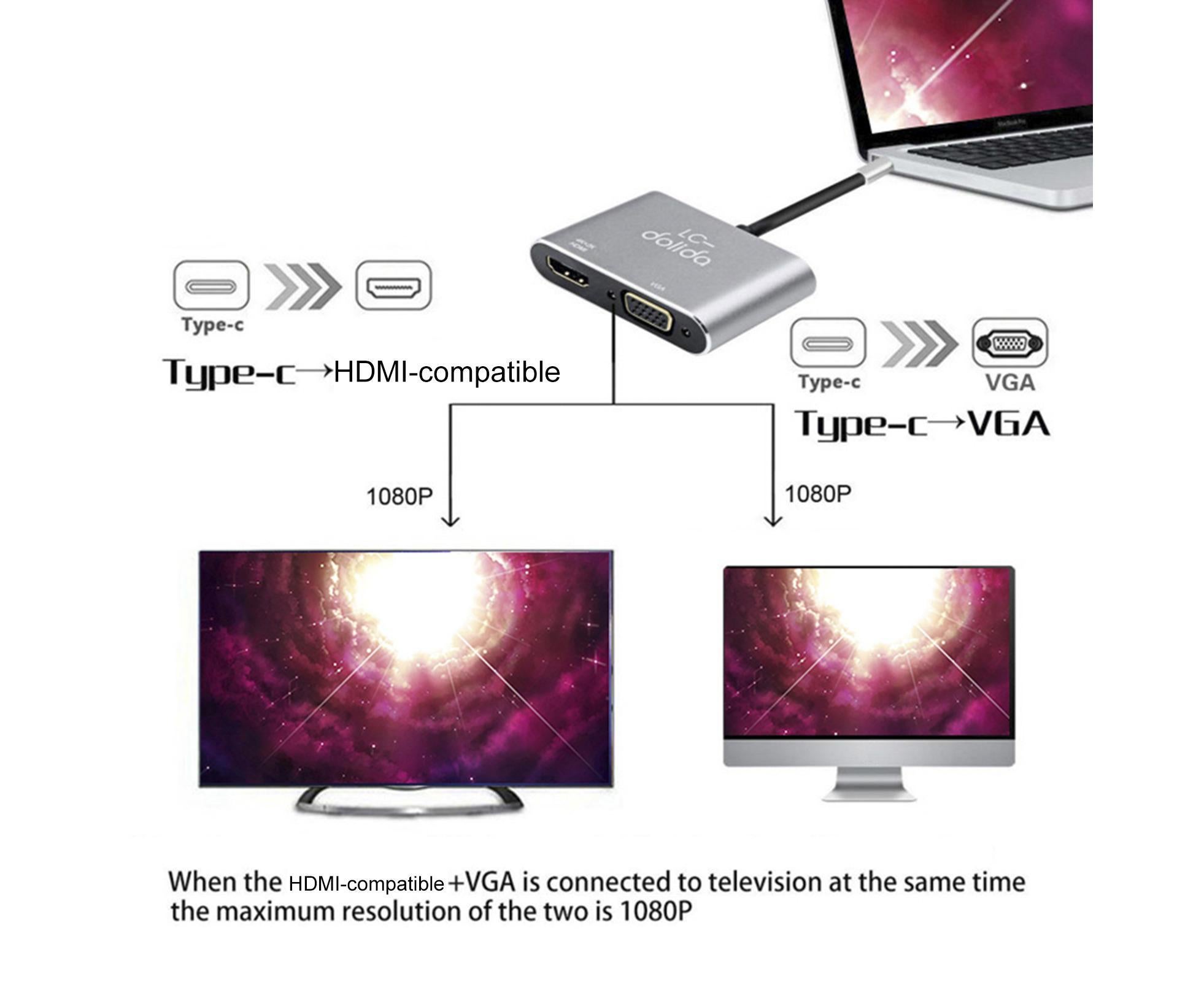 2 in 1 4K Ultra High Clarity USB 3.1 Type-C to HDMI-compatible VGA Converter Adapter for MacBook PC Silver - Image 6