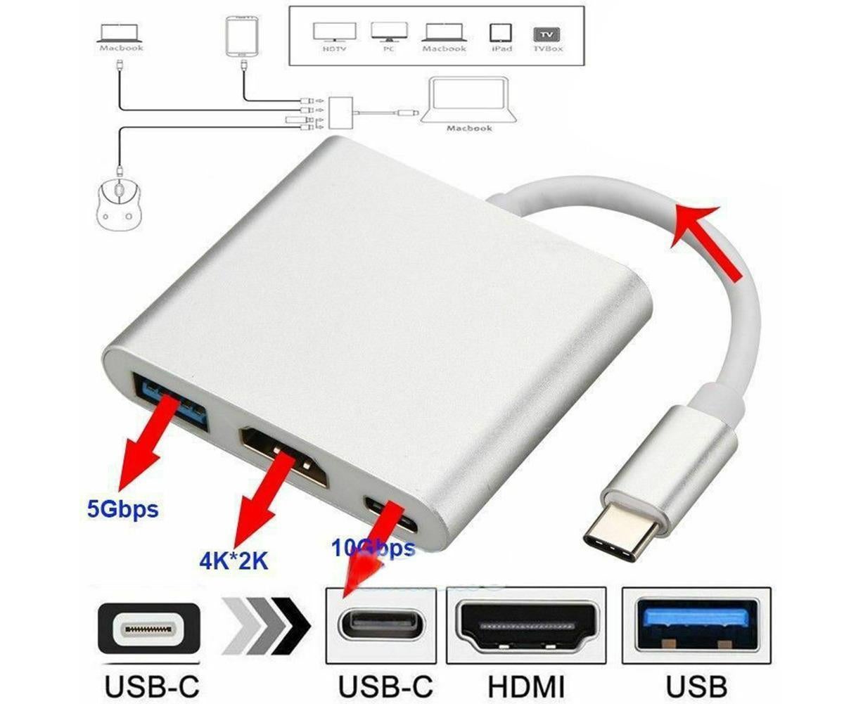 3 in 1 Portable Type-C Male to USB-C USB 3.0 4K HDMI-compatible Female Hub Adapter Cable Grey - Image 2