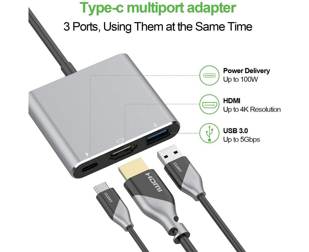 3 in 1 Portable Type-C Male to USB-C USB 3.0 4K HDMI-compatible Female Hub Adapter Cable Grey - Image 5