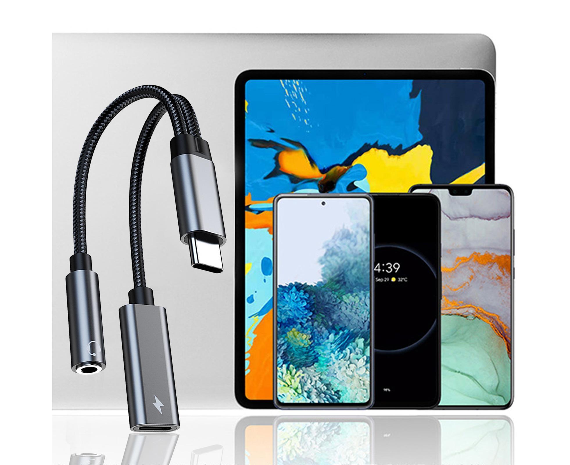 Converter Cable Multifunctional Noise Reduction Braided 2 in 1 Type-C to 3.5mm PD60W Converter Wire for Smartphone Silver Gray - Image 2