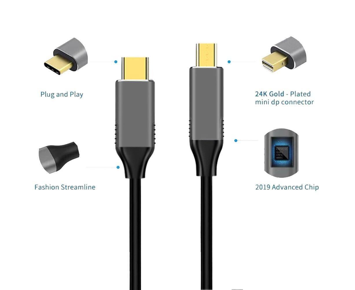 USB Type C to Mini DisplayPort DP 4K 6FT Cable Adapter Converter for MacBook Black - Image 2