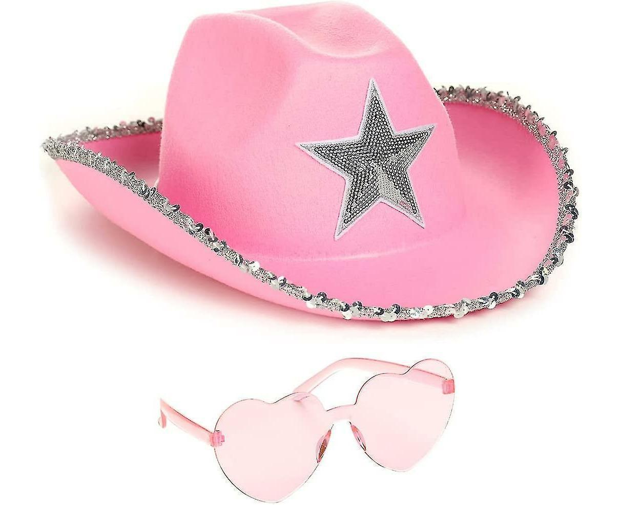 Cowboy Hat Pink Cowgirl Hat With Heart Glasses - Pink Cowboy Hat With Silver Sequin Star - Halloween Decor Cow - Image 1