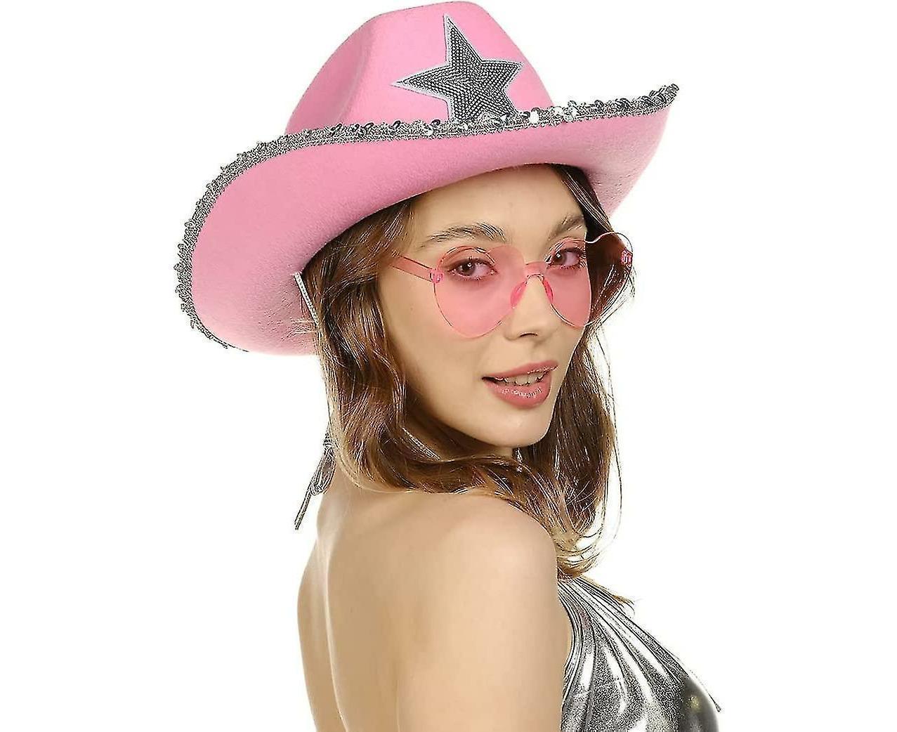 Cowboy Hat Pink Cowgirl Hat With Heart Glasses - Pink Cowboy Hat With Silver Sequin Star - Halloween Decor Cow - Image 2