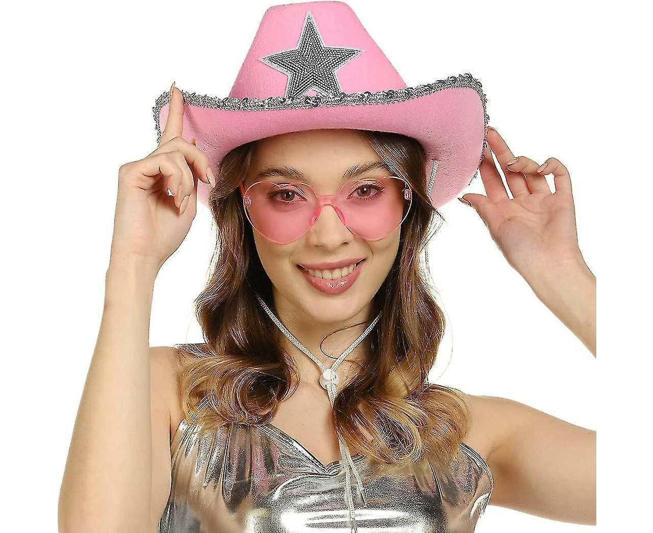 Cowboy Hat Pink Cowgirl Hat With Heart Glasses - Pink Cowboy Hat With Silver Sequin Star - Halloween Decor Cow - Image 3