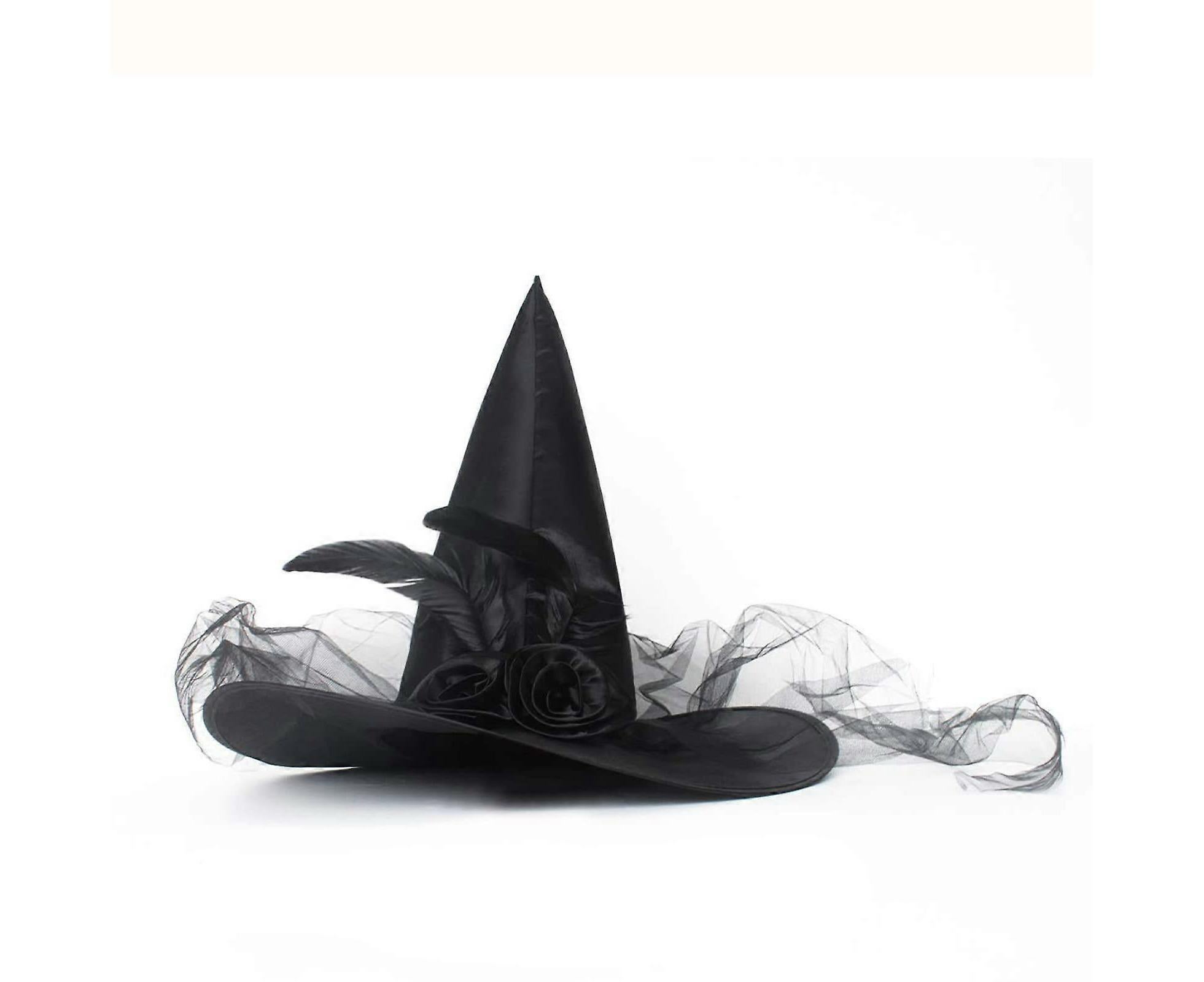 Halloween Witch Hat - Halloween Costume Witches Hats for Women attached with Roses & Feathers-Black - Image 1