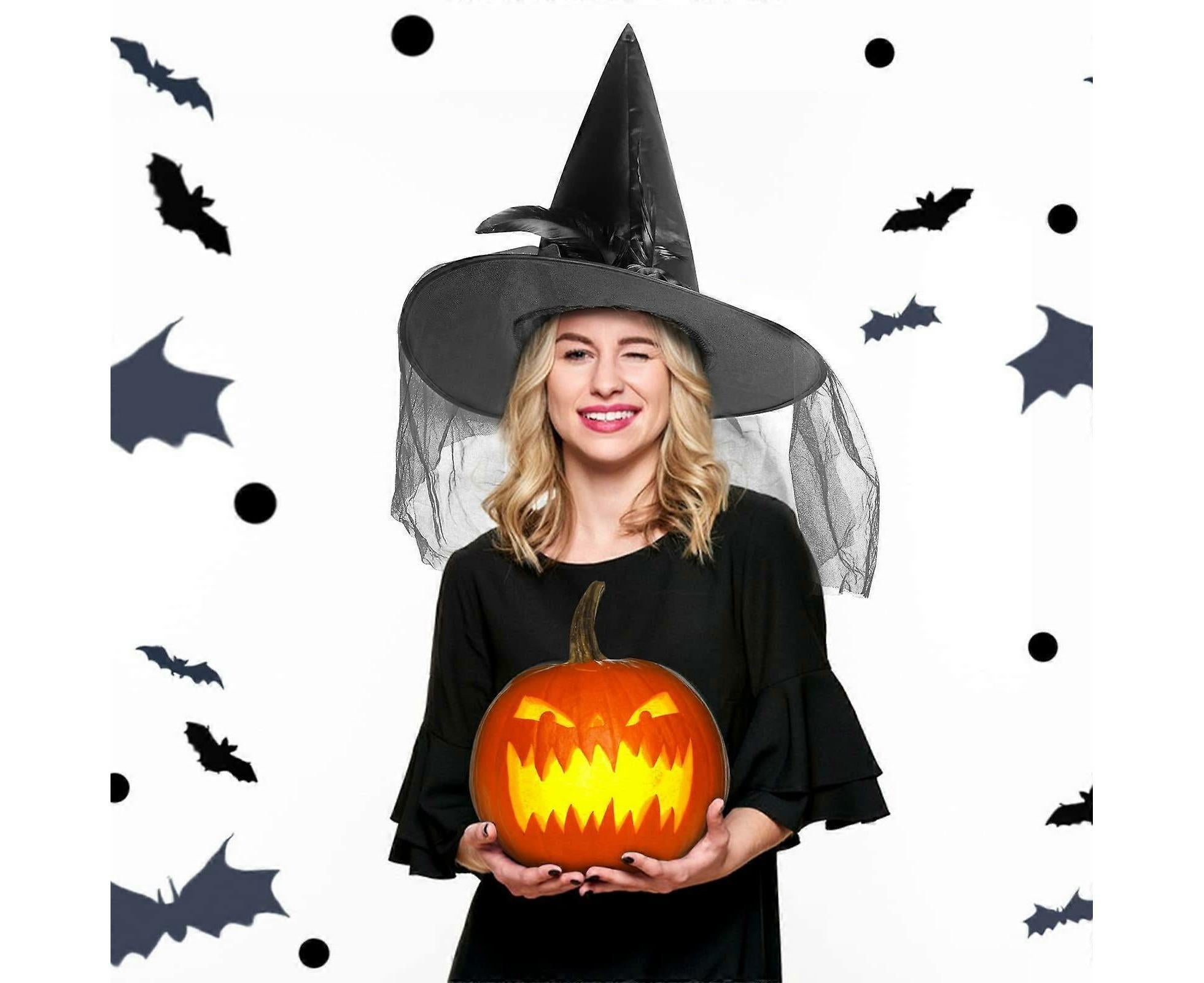 Halloween Witch Hat - Halloween Costume Witches Hats for Women attached with Roses & Feathers-Black - Image 2