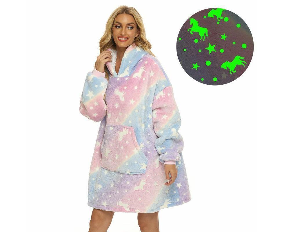 Pink Unicorn Glow in The Dark Oversized Sweatshirt with Pockets Cute Unique Birthday Gift Women Warm Cozy Wearable Blanket - Image 1