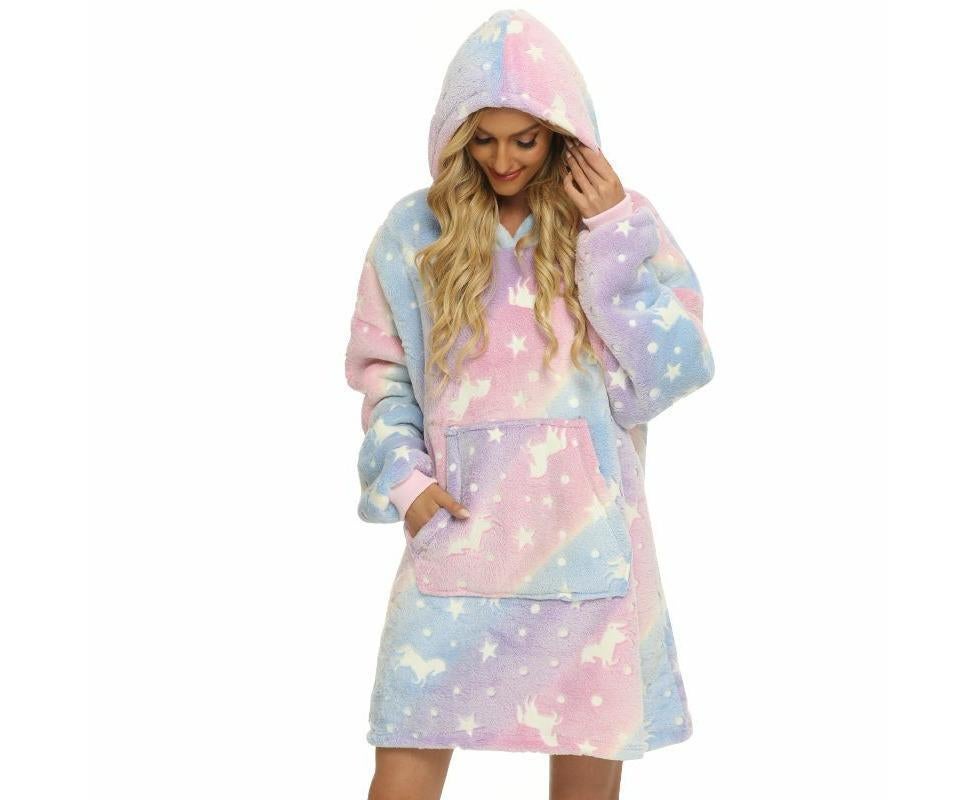 Pink Unicorn Glow in The Dark Oversized Sweatshirt with Pockets Cute Unique Birthday Gift Women Warm Cozy Wearable Blanket - Image 3