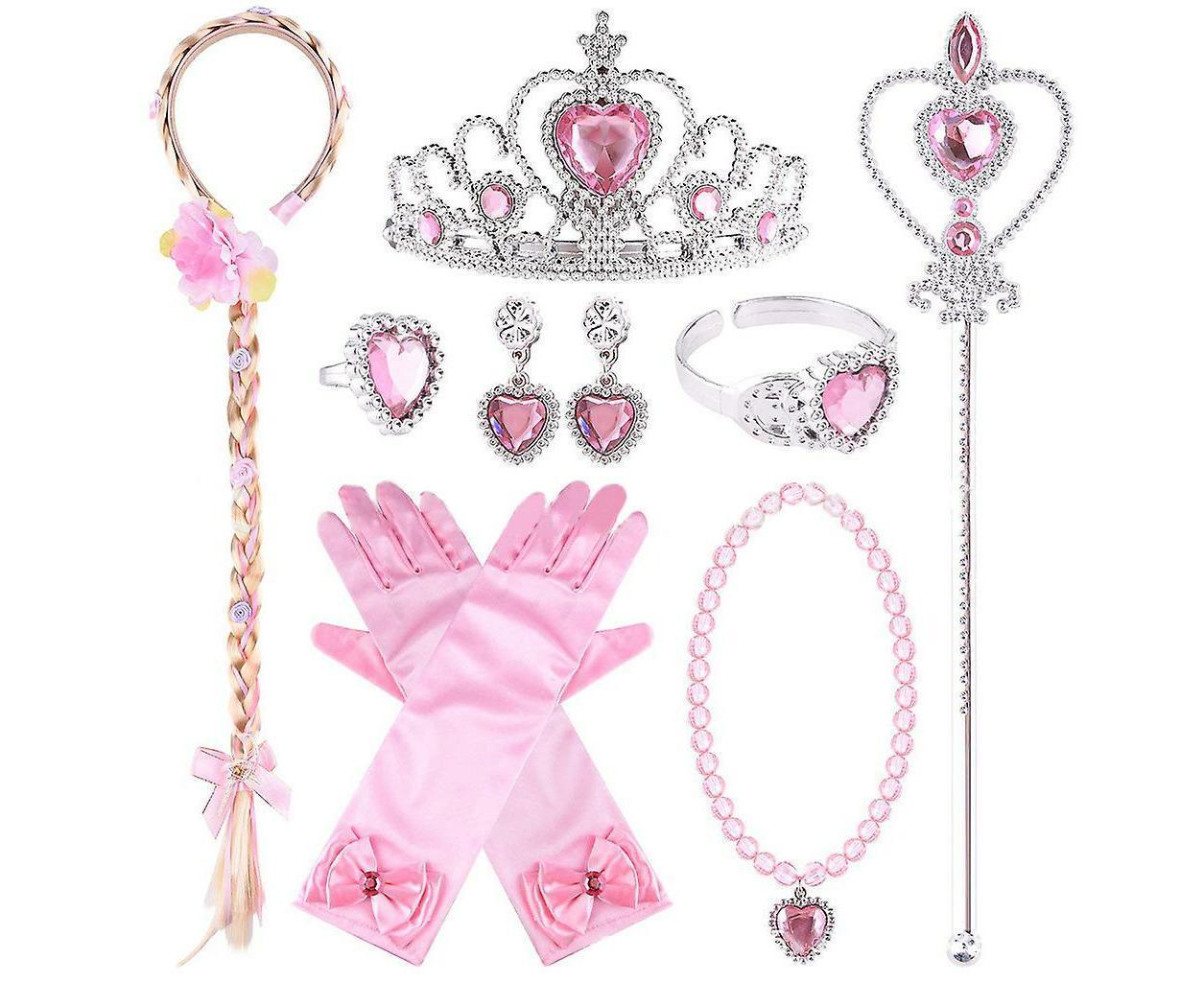 Princess Dress Up Accessories Set Tiara Braids Wand Gloves Necklace Earrings Ring - Image 1