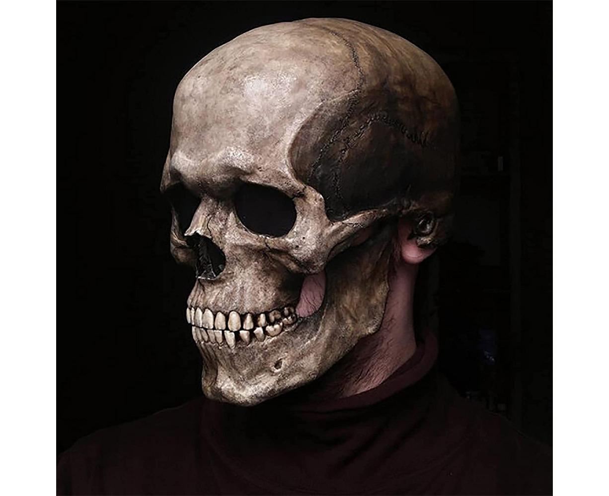Unisex Creepy Halloween Skull Mask with Moving Jaw Entire Head Full Head Latex Helmet - Dark - Image 2