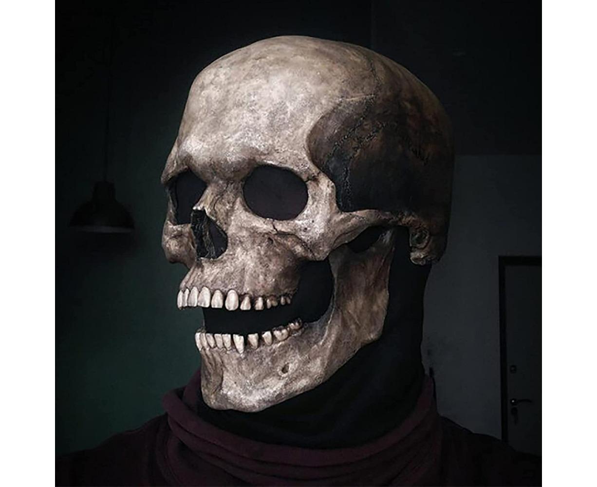 Unisex Creepy Halloween Skull Mask with Moving Jaw Entire Head Full Head Latex Helmet - Dark - Image 3