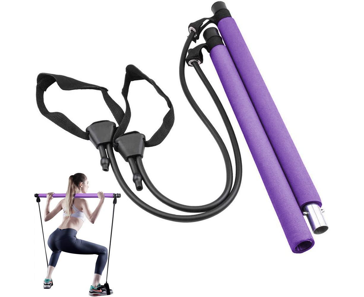 Pilates Exercise Stick Kit,Portable Compact 3-Section Yoga Resistance Bands for Legs and Butt, Pilates Bar with Foot Strap for Full Body Workout - Purple - Image 1