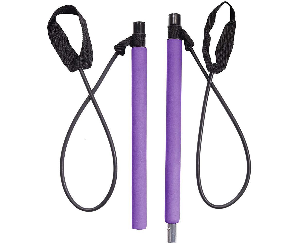Pilates Exercise Stick Kit,Portable Compact 3-Section Yoga Resistance Bands for Legs and Butt, Pilates Bar with Foot Strap for Full Body Workout - Purple - Image 2