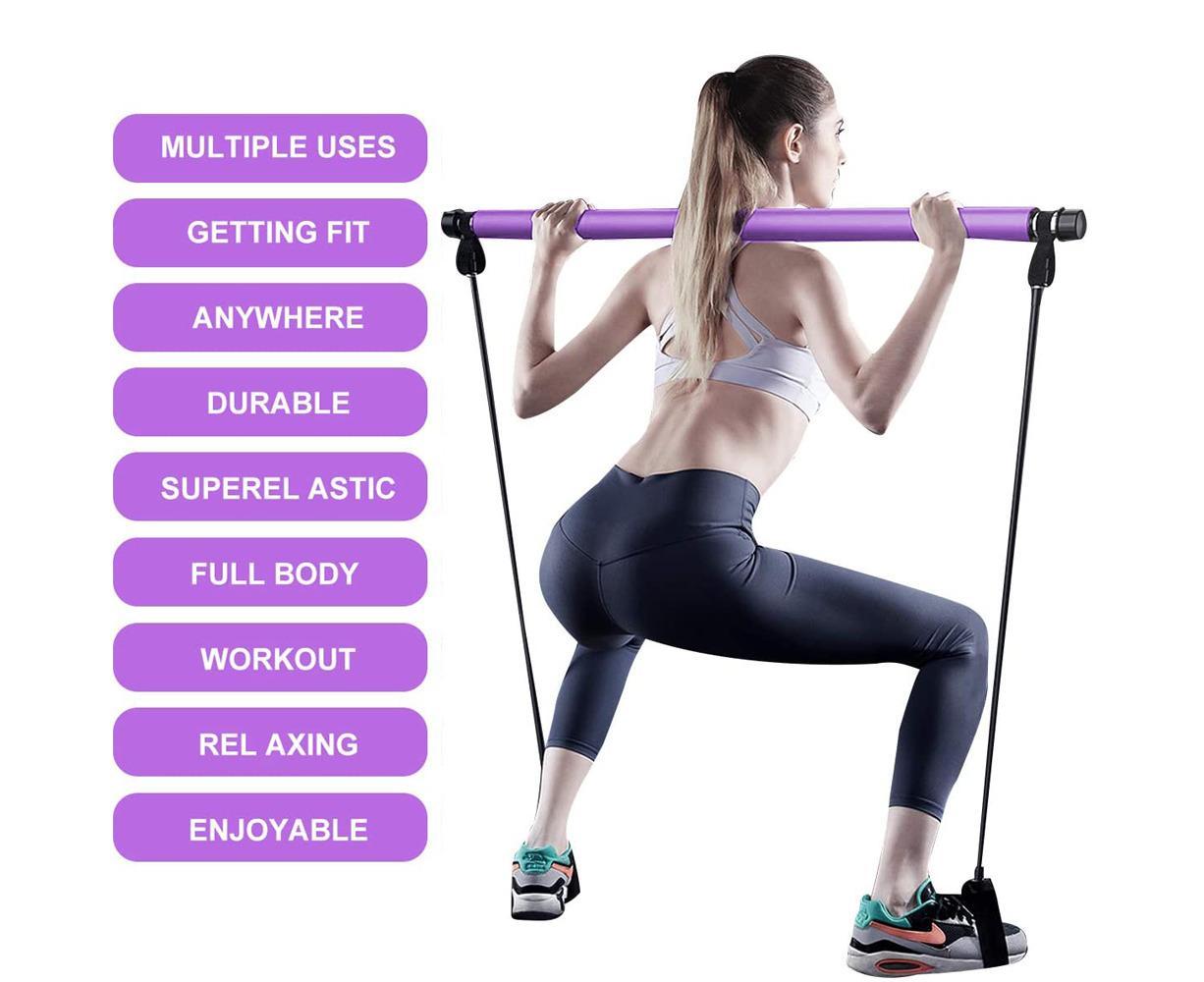 Pilates Exercise Stick Kit,Portable Compact 3-Section Yoga Resistance Bands for Legs and Butt, Pilates Bar with Foot Strap for Full Body Workout - Purple - Image 3