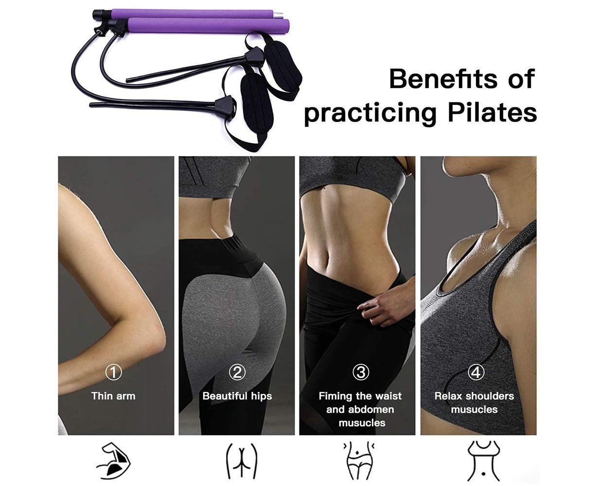 Pilates Exercise Stick Kit,Portable Compact 3-Section Yoga Resistance Bands for Legs and Butt, Pilates Bar with Foot Strap for Full Body Workout - Purple - Image 4