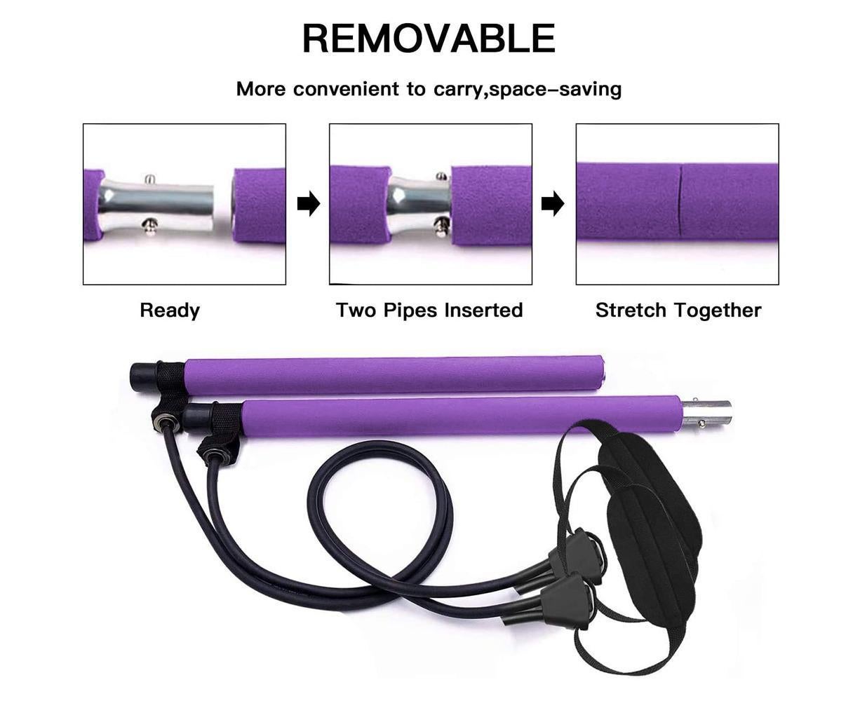 Pilates Exercise Stick Kit,Portable Compact 3-Section Yoga Resistance Bands for Legs and Butt, Pilates Bar with Foot Strap for Full Body Workout - Purple - Image 6