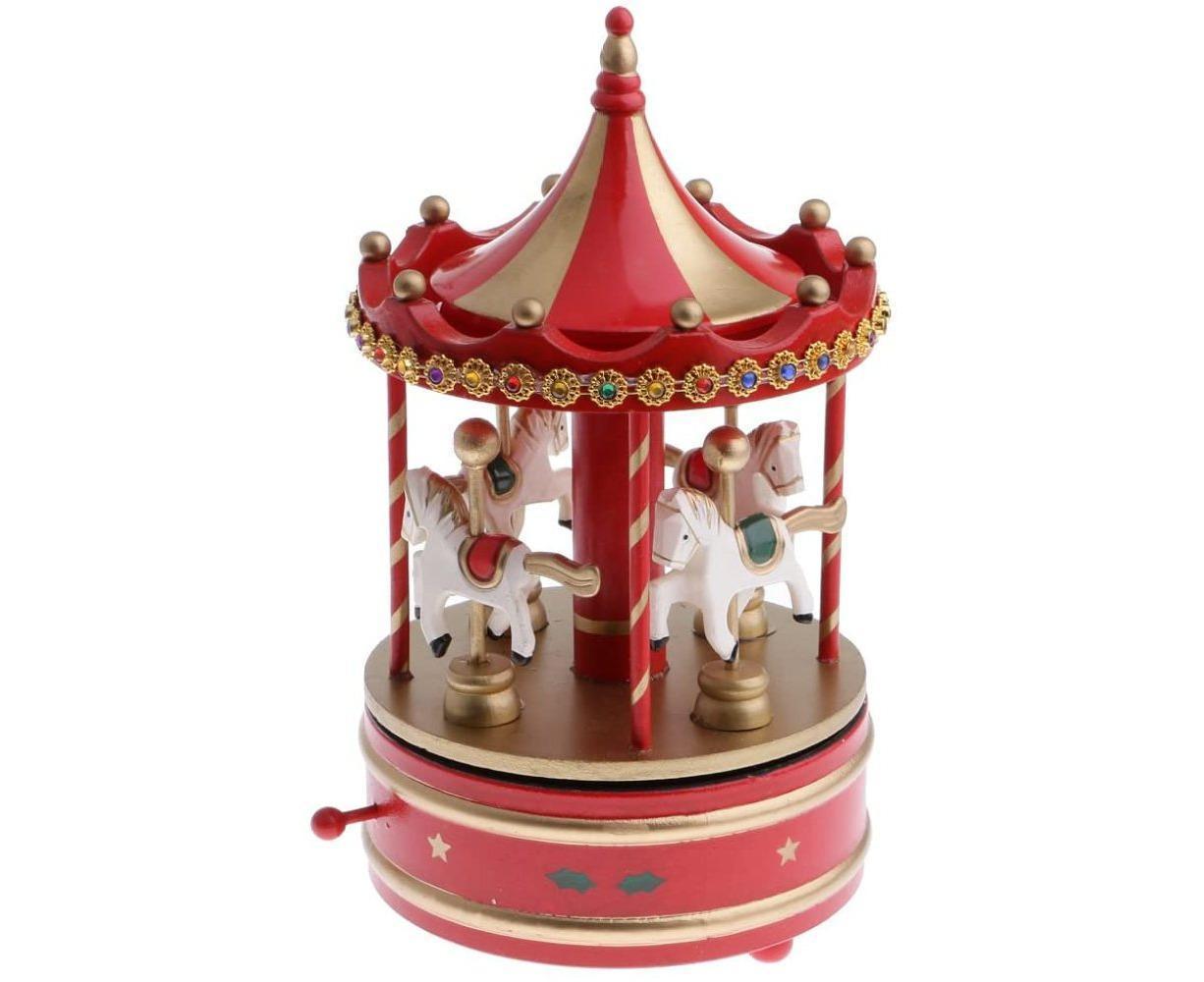 Vintage Carousel 4 Horses Winding Mechanical Music Box Toy-Red - Image 1