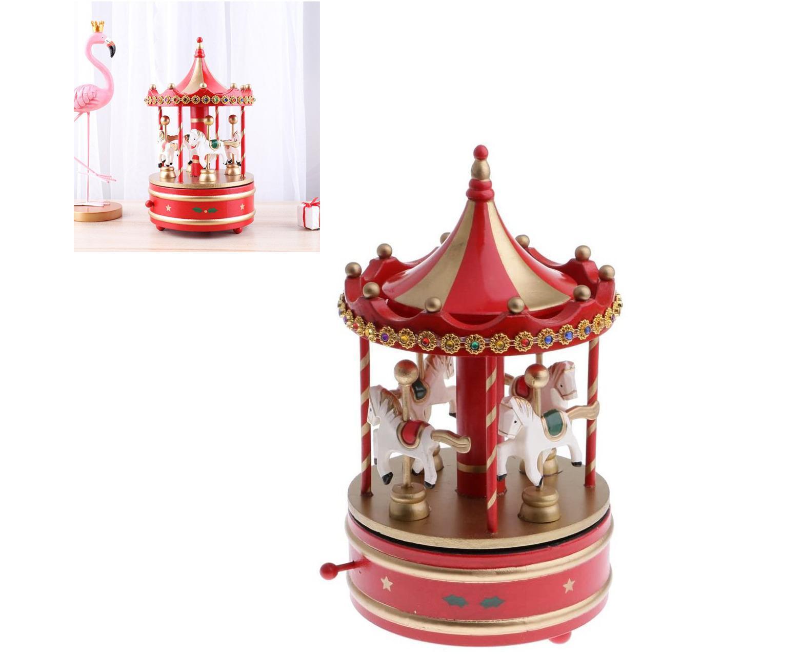 Vintage Carousel 4 Horses Winding Mechanical Music Box Toy-Red - Image 2