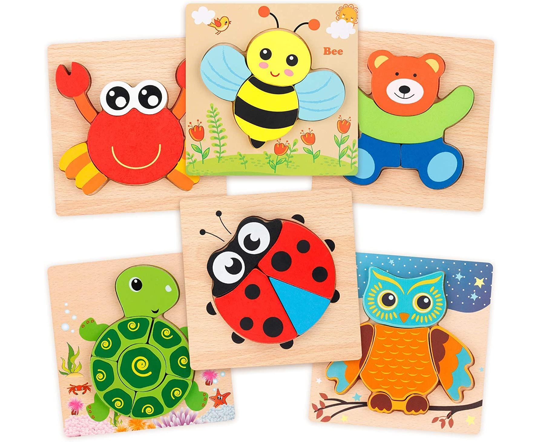 Wooden Jigsaw Puzzle Set, 6 Pack Animal Shape Color Montessori Toy, Fine Motor Skill Early Learning Gift - Image 1