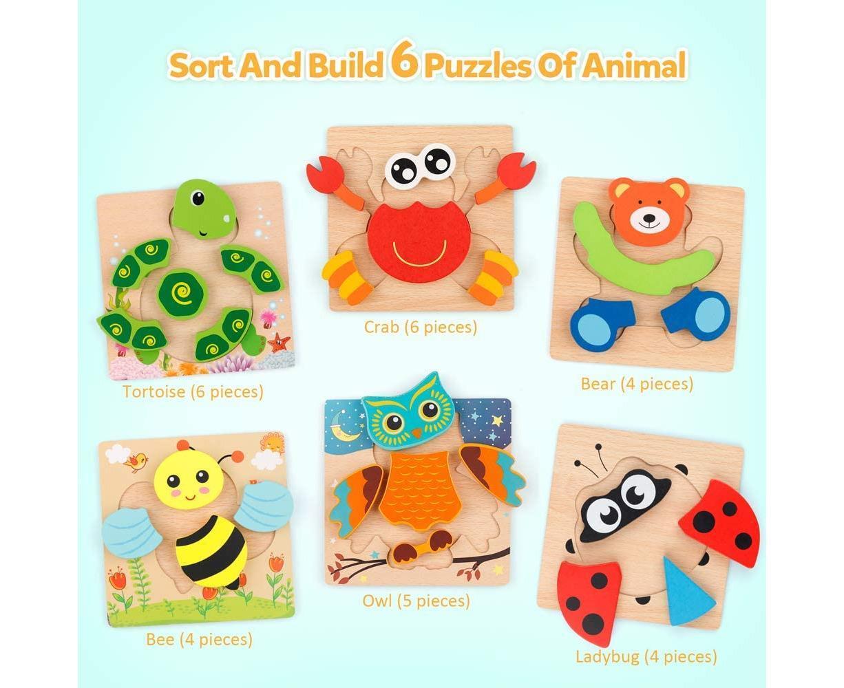 Wooden Jigsaw Puzzle Set, 6 Pack Animal Shape Color Montessori Toy, Fine Motor Skill Early Learning Gift - Image 3