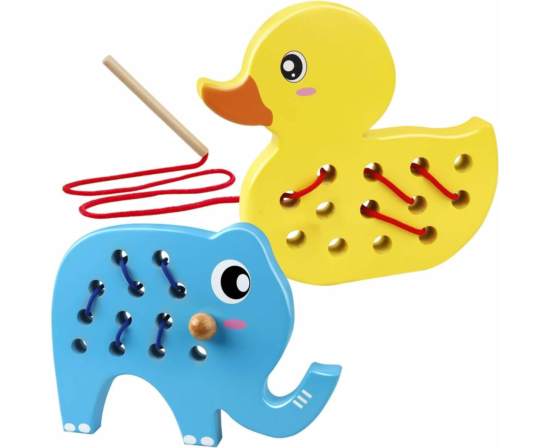 Wooden Lacing Duck And Elephant, 2Pcs Animals Fine Motor Skills Threading Toys, Airplane Car Travel Game Montessori Cognition Preschool Puzzle Gift For Yea - Image 1