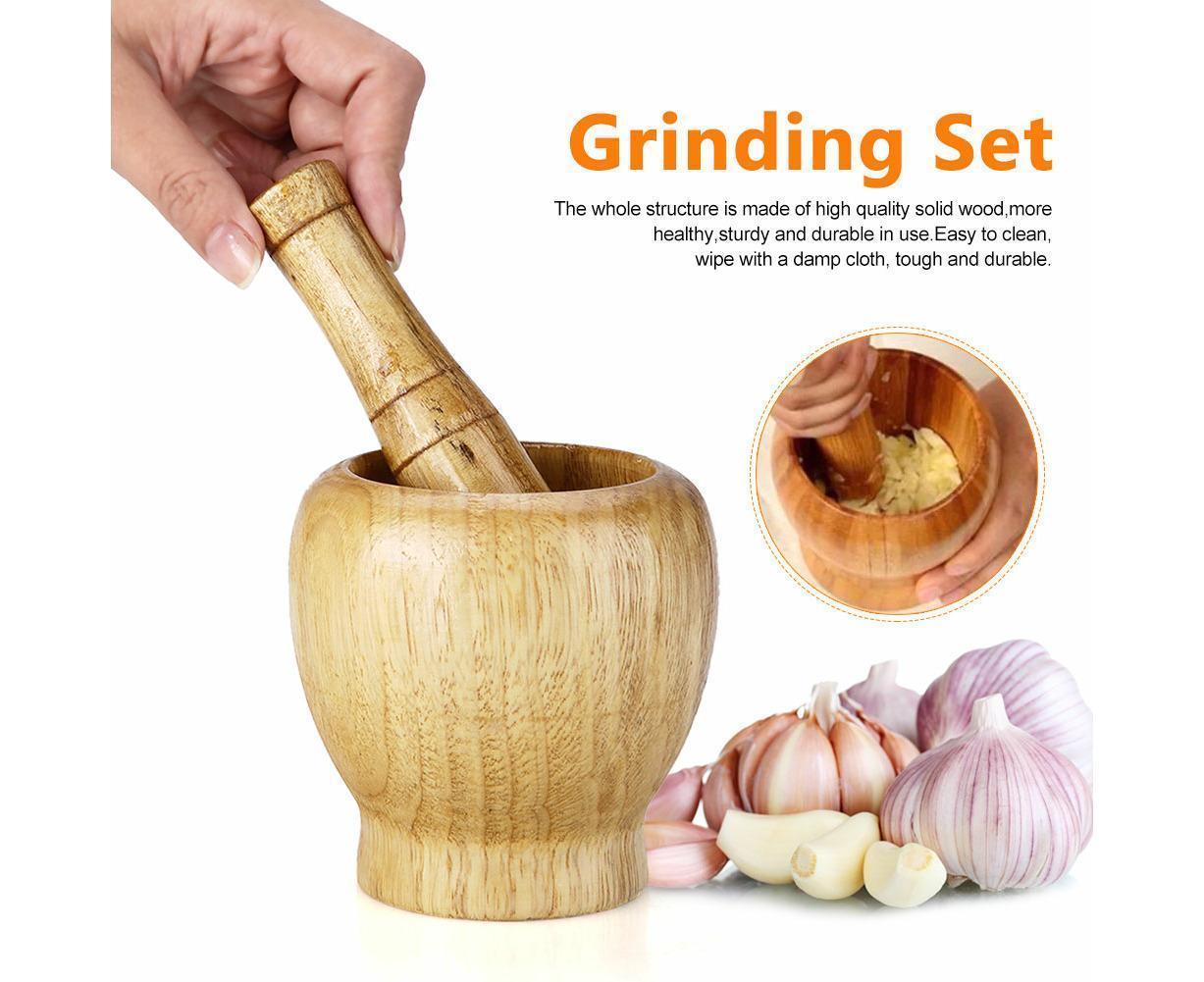 Kitchen Hand Manual Wood Garlic Ginger Spices Mortar Pestle Set Grinding Bowl Grinder - Image 2