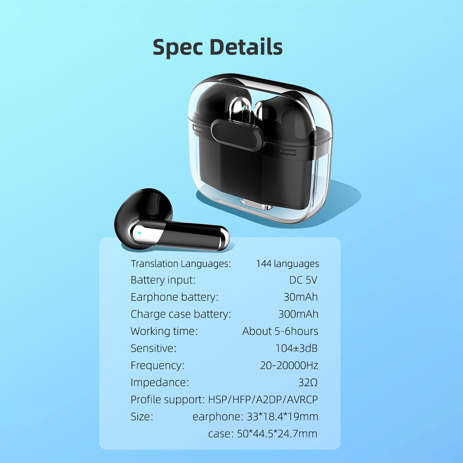 Language Translator Earbuds Bluetooth 5.3 Support 144 Languages Wireless Translator Earphone with Transparent Case Black - Image 8
