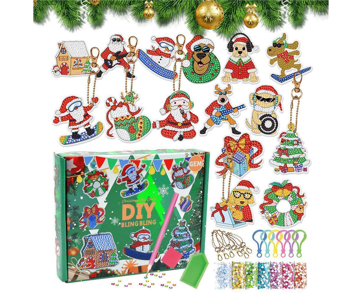 15Pcs Christmas Dot Drill Decorative Painting Keychain Decor DIY Crystal Key Ring Pendant Gift - Image 1
